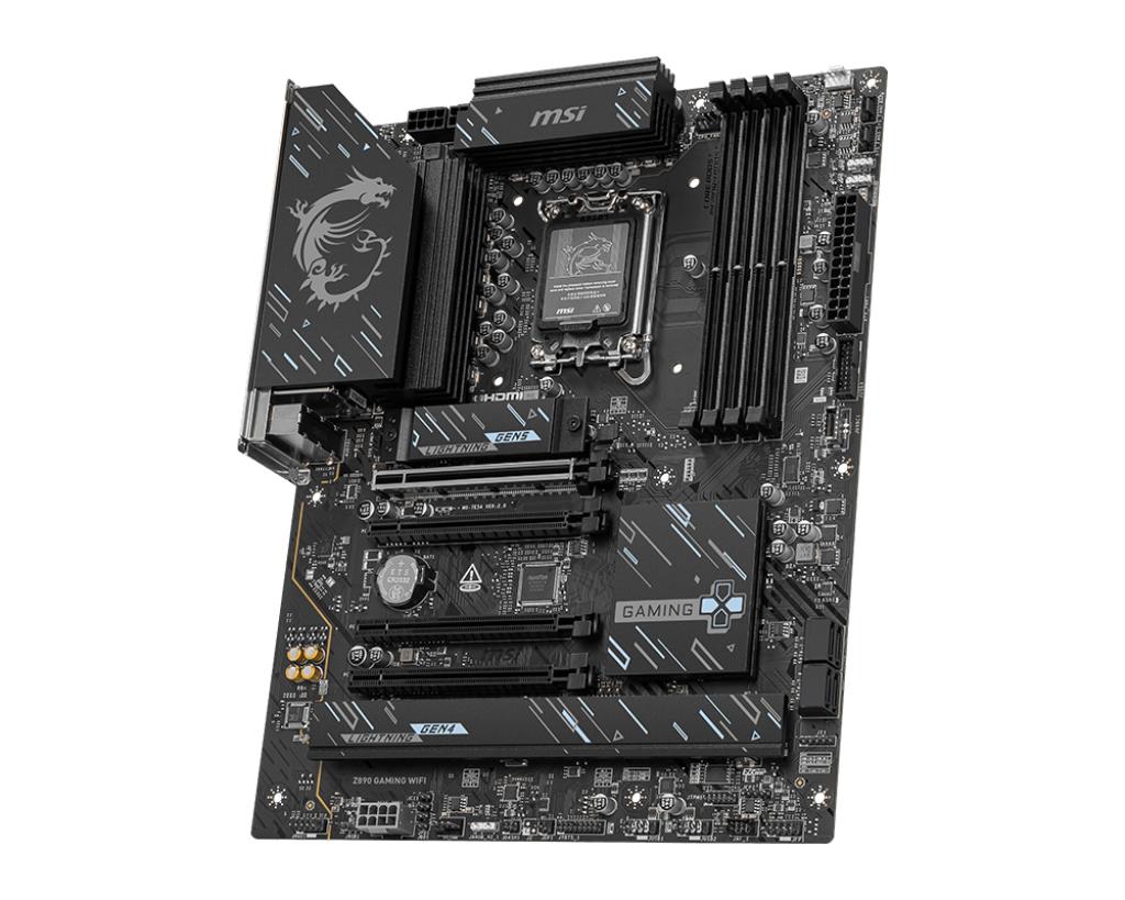 e69d3438-6c63-41e7-8619-cd5f94b18243 Motininė plokštė MSI Z890 GAMING WIFI, matoma iš šono, su M.2 jungtimis
