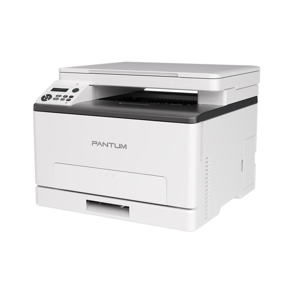 fd7e4023-84c2-45f7-91fd-0e04b66f15af-1 Spausdintuvas Pantum CM1100DW, matomas iš šono su atidarytu skenavimo dangčiu