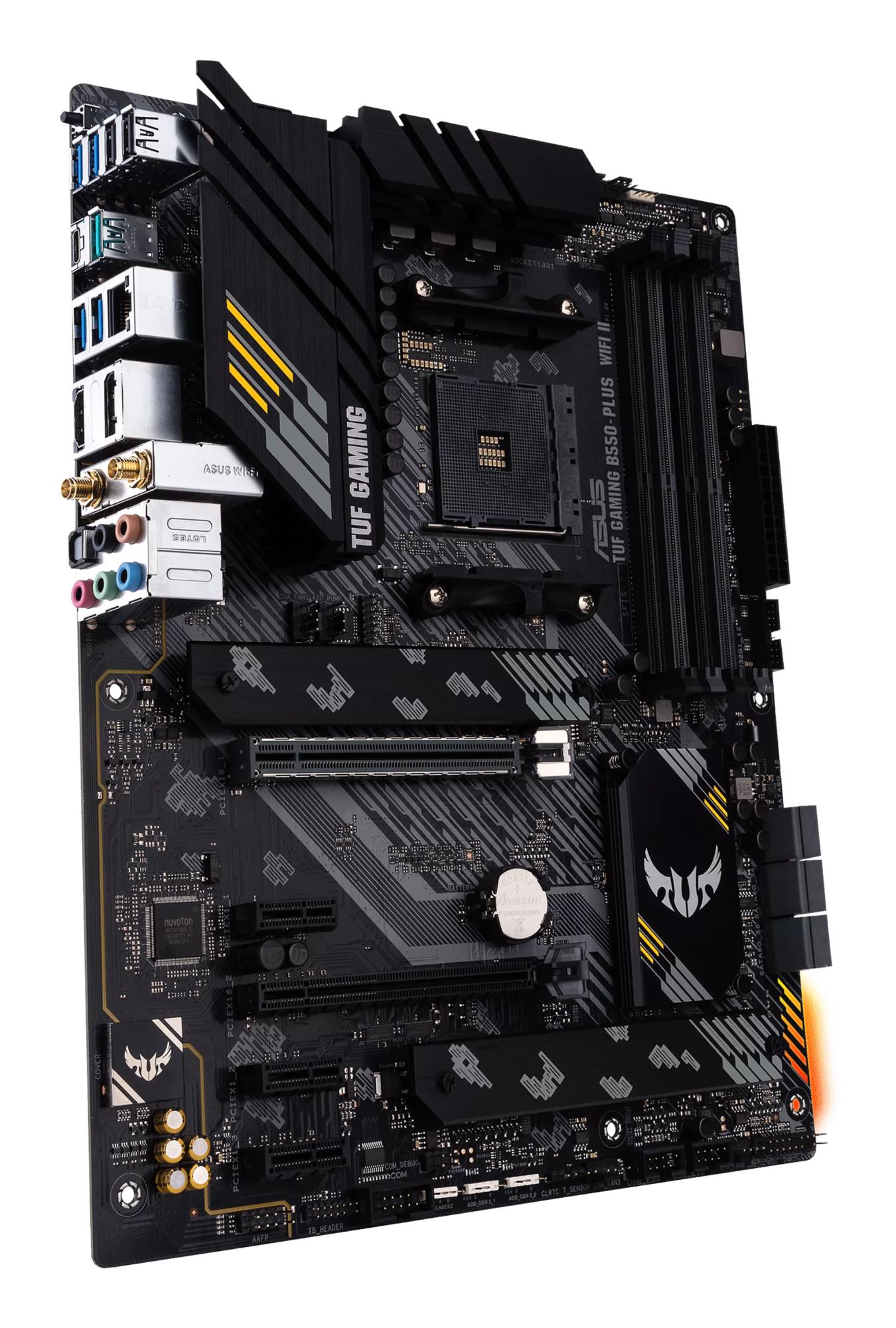 0230d5f0-6dda-486b-ba3c-e80c244e8007 Mainboard ASUS AMD B550 SAM4 ATX Memory DDR4 Memory slots 4 1xPCI-Express 3.0 1x 1xPCI-Express 3.0 4x 1xPCI-Express 4.0 16x 2xM.2 1xHDMI 1xDisplayPort 2xAudio-In 3xAudio-Out 2xUSB 2.0 1xUSB type C 5xUSB 3.2 1xOptical S/PDIF 1xRJ45 TUFGAMB550-PLUSWIFIII