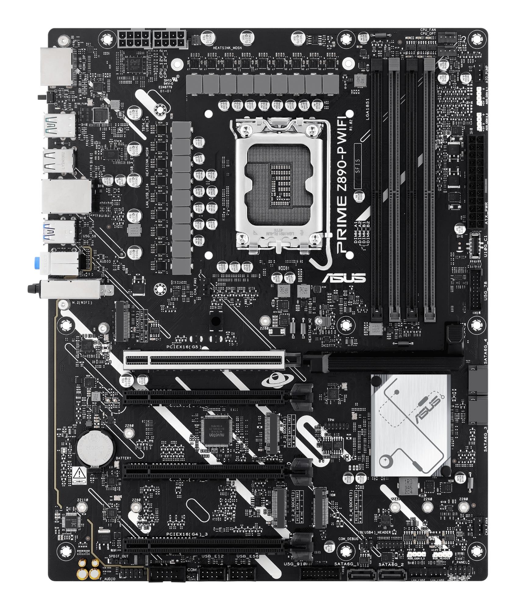 0ca03152-969c-4629-a662-20b6d8a7848d Mainboard ASUS Intel Z890 LGA1851 ATX Memory DDR5 Memory slots 4 3xPCI-Express 4.0 16x 1xPCI-Express 5.0 16x 4xM.2 1xHDMI 1xDisplayPort 1xAudio-In 1xAudio-Out 1xMicrophone 4xUSB 2.0 2xUSB 3.0 1xUSB 3.1 1xUSB-C w/Thunderbolt 1xRJ45 PRIMEZ890-PWIFI