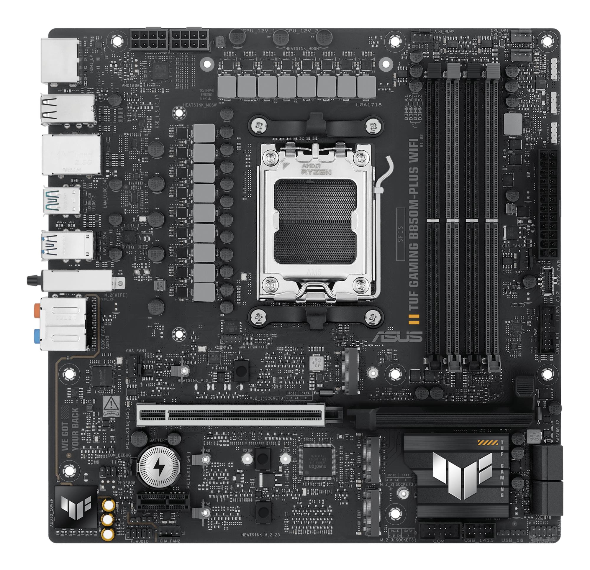 0cc341af-0a92-48bc-8cbd-ccbd342c588f Mainboard ASUS AMD B850 SAM5 Micro-ATX Memory DDR5 Memory slots 4 1xPCI-Express 4.0 1x 1xPCI-Express 4.0 16x 1xPCI-Express 5.0 16x 3xM.2 1xHDMI 1xDisplayPort 11xUSB 2.0 2xUSB-C 1xRJ45 5xAudio port GAMINGB850M-PLUSWIFI