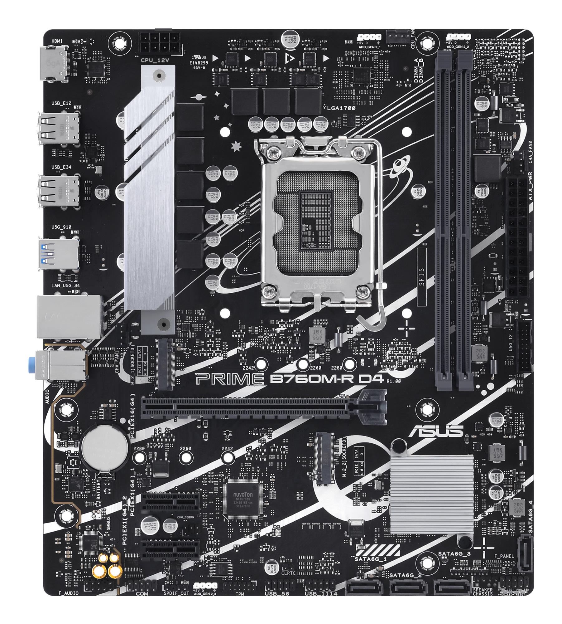 0ee6bd6a-91a0-421e-850a-f4d547bbb853 Mainboard ASUS Intel B760 Express LGA1700 Micro-ATX Memory DDR4 Memory slots 2 2xPCI-Express 4.0 1x 1xPCI-Express 4.0 16x 2xM.2 1x15pin D-sub 1xHDMI 4xUSB 2.0 4xUSB 3.2 1xOptical S/PDIF 3xAudio port PRIMEB760M-RD4