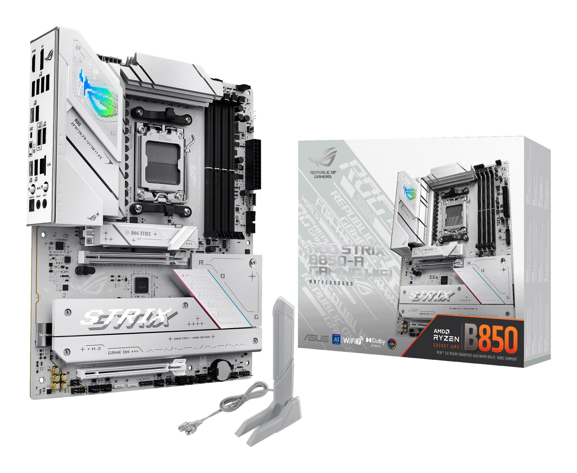 12dec149-bc8a-433f-a4c3-b968f37dcdc8 Mainboard ASUS AMD B850 SAM5 ATX Memory DDR5 Memory slots 4 1xPCI-Express 4.0 16x 1xPCI-Express 5.0 16x 4xM.2 1xHDMI 1xDisplayPort 12xUSB 2.0 3xUSB-C 1xOptical S/PDIF 1xRJ45 2xAudio port STRIXB850-AGAMINGWIFI