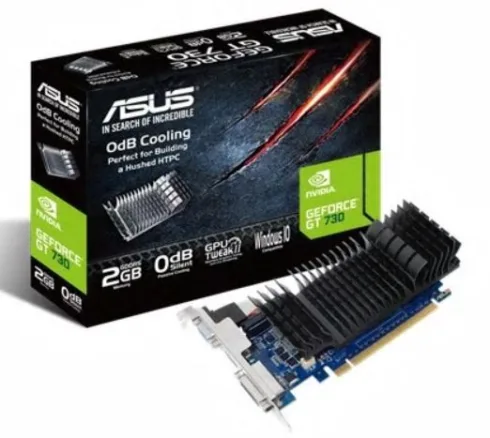 Asus   GF GT730-SL-2GD5-BRK   NVIDIA   2 GB   GeForce GT 730   GDDR5   Cooling type Passive   DVI-D ports quantity 1   HDMI ports quantity 1   PCI Express 2.0   Memory clock speed 5010 MHz   Processor frequency 902 MHz