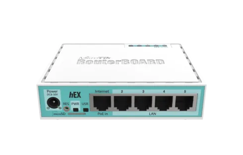 Mikrotik Wired Ethernet Router (No Wifi) RB750Gr3, hEX, Dual Core 880MHz CPU, 256MB RAM, 16 MB (MicroSD), 5xGigabit LAN, USB, PCB and Voltage temperature monitor, Beeper, IP20, Plastic Case, RouterOS L4   Ethernet Router hEX   RB750Gr3   No Wi-Fi   Ethernet LAN (RJ-45) ports 5   Mesh Support No   MU-MiMO No   No mobile broadband   1   12 month(s)