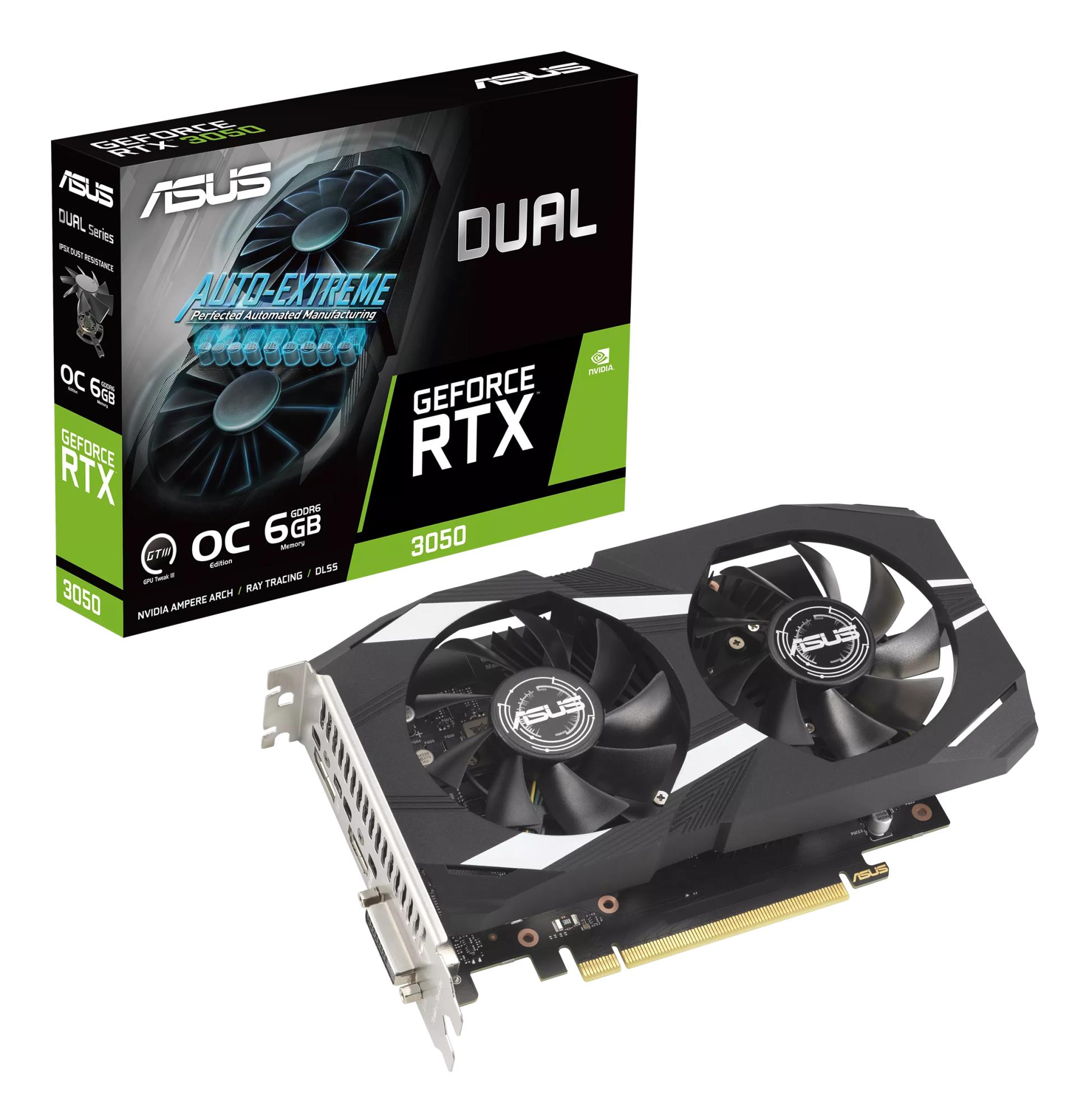 1c742f08-e74a-44f4-aa1c-40ff7a0b39bd Graphics Card ASUS NVIDIA GeForce RTX 3050 6 GB GDDR6 96 bit PCIE 4.0 16x Dual Slot Fansink 1xDVI-D 1xHDMI 1xDisplayPort DUAL-RTX3050-O6G