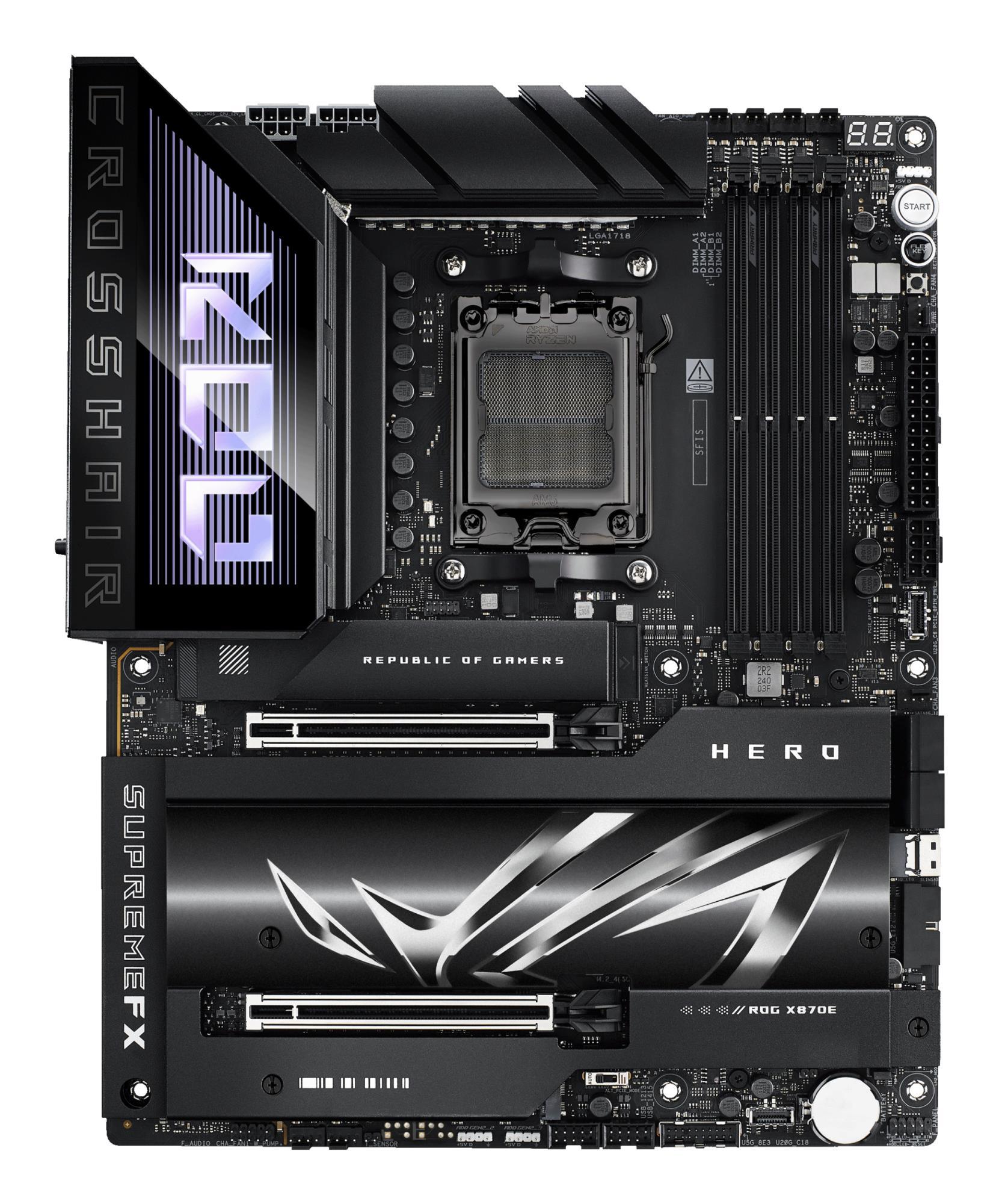 1f83f6d9-cc49-473b-81a4-0bd327eb2565 Mainboard ASUS AMD X870E SAM5 ATX Memory DDR5 Memory slots 4 2xPCI-Express 4.0 16x 2xPCI-Express 5.0 16x 4xM.2 1xHDMI 1xAudio-In 1xAudio-Out 6xUSB 3.2 2xUSB-C 2xUSB4 1xOptical S/PDIF 1xRJ45 ROGCROSSHAIRX870EHERO