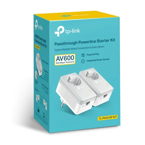 TP-LINK   Passthrough Powerline 600 Starter Kit   TL-PA4010P KIT   10/100 Mbit/s   Ethernet LAN (RJ-45) ports 1   Data transfer rate (max) 600 Mbit/s   Extra socket