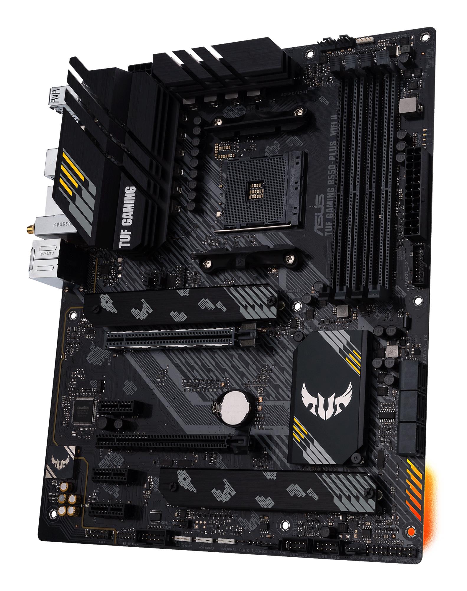 230179be-f4e1-4ca1-ab51-a7219f0f355f Mainboard ASUS AMD B550 SAM4 ATX Memory DDR4 Memory slots 4 1xPCI-Express 3.0 1x 1xPCI-Express 3.0 4x 1xPCI-Express 4.0 16x 2xM.2 1xHDMI 1xDisplayPort 2xAudio-In 3xAudio-Out 2xUSB 2.0 1xUSB type C 5xUSB 3.2 1xOptical S/PDIF 1xRJ45 TUFGAMB550-PLUSWIFIII