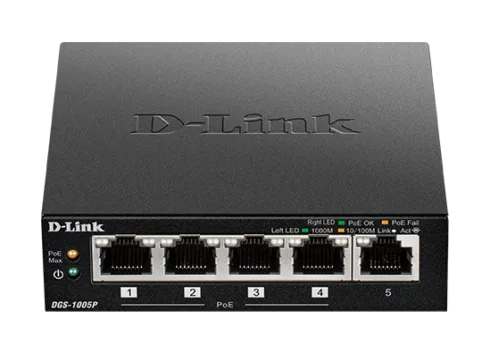 D-Link   Switch   DGS-1005P   Unmanaged   Desktop   Gigabit Ethernet (copper) ports quantity 5   Power over Ethernet (PoE) ports quantity 4   Power supply type External