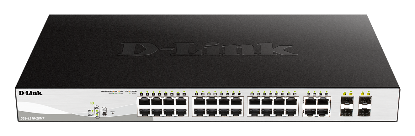 238859-dgs-1210-28mp-e-790069427664-0.webp D-Link Switch DGS-1210-28MP Web Management Rack mountable Gigabit Ethernet (copper) ports quantity 24 SFP ports quantity 4 PoE/Poe+ ports quantity 24 Power supply type External Lifetime month(s)