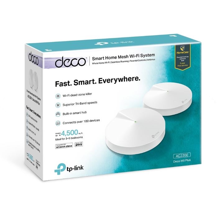 261027-deco-m9-plus-2-pack-6935364083175-0.webp Home Mesh Wi-Fi System Deco M9 Plus (2-Pack) 802.11ac 400+867+867 Mbit/s 10/100/1000 Mbit/s Ethernet LAN (RJ-45) ports 2 Mesh Support Yes MU-MiMO Yes No mobile broadband Antenna type 8xInternal 1xUSB 2.0