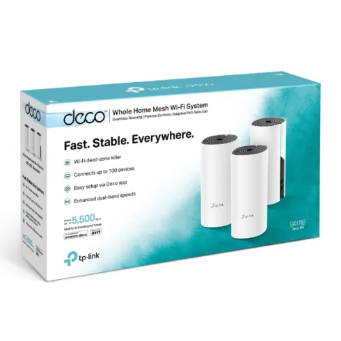 Whole Home Mesh WiFi System   Deco M4 (3-Pack)   802.11ac   300+867 Mbit/s   10/100/1000 Mbit/s   Ethernet LAN (RJ-45) ports 2   Mesh Support Yes   MU-MiMO Yes   No mobile broadband   Antenna type 2xInternal   No