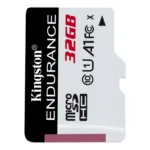 Micro SDHC kortelė Kingston Endurance, matoma iš šono, su etiketėmis
