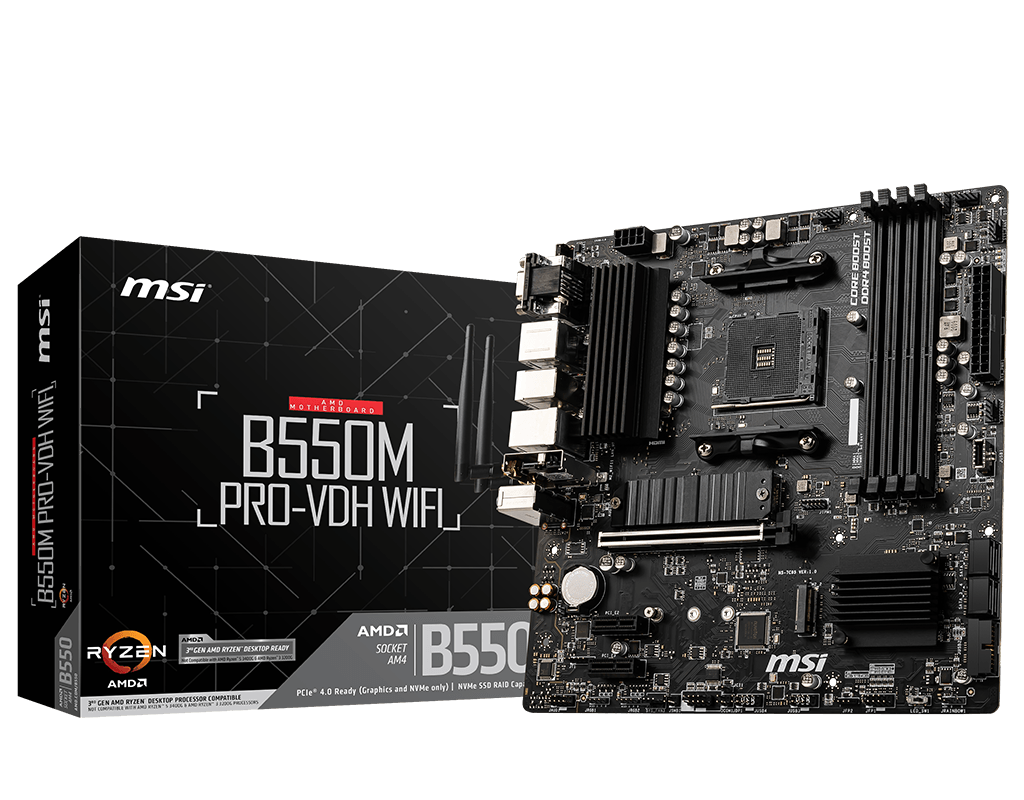 299663-b550m-pro-vdh-wifi-4719072733698-0.webp MSI B550M PRO-VDH WIFI Processor family AMD Processor socket AM4 DDR4 Memory slots 4 Chipset AMD B Micro ATX