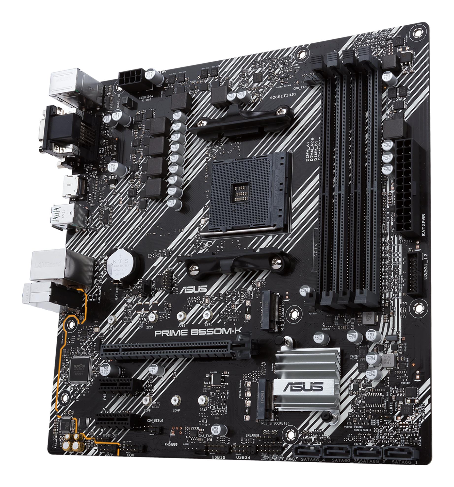2c5f068d-a87f-47bf-b3c3-c611a05271a3 Mainboard ASUS AMD B550 SAM4 MicroATX 2xPCI-Express 3.0 1x 2xM.2 1xPCI-Express 4.0 16x Memory DDR4 Memory slots 4 1x15pin D-sub 1xDVI 1xHDMI 6xUSB 3.2 1xPS/2 1xRJ45 3xAudio port PRIMEB550M-K