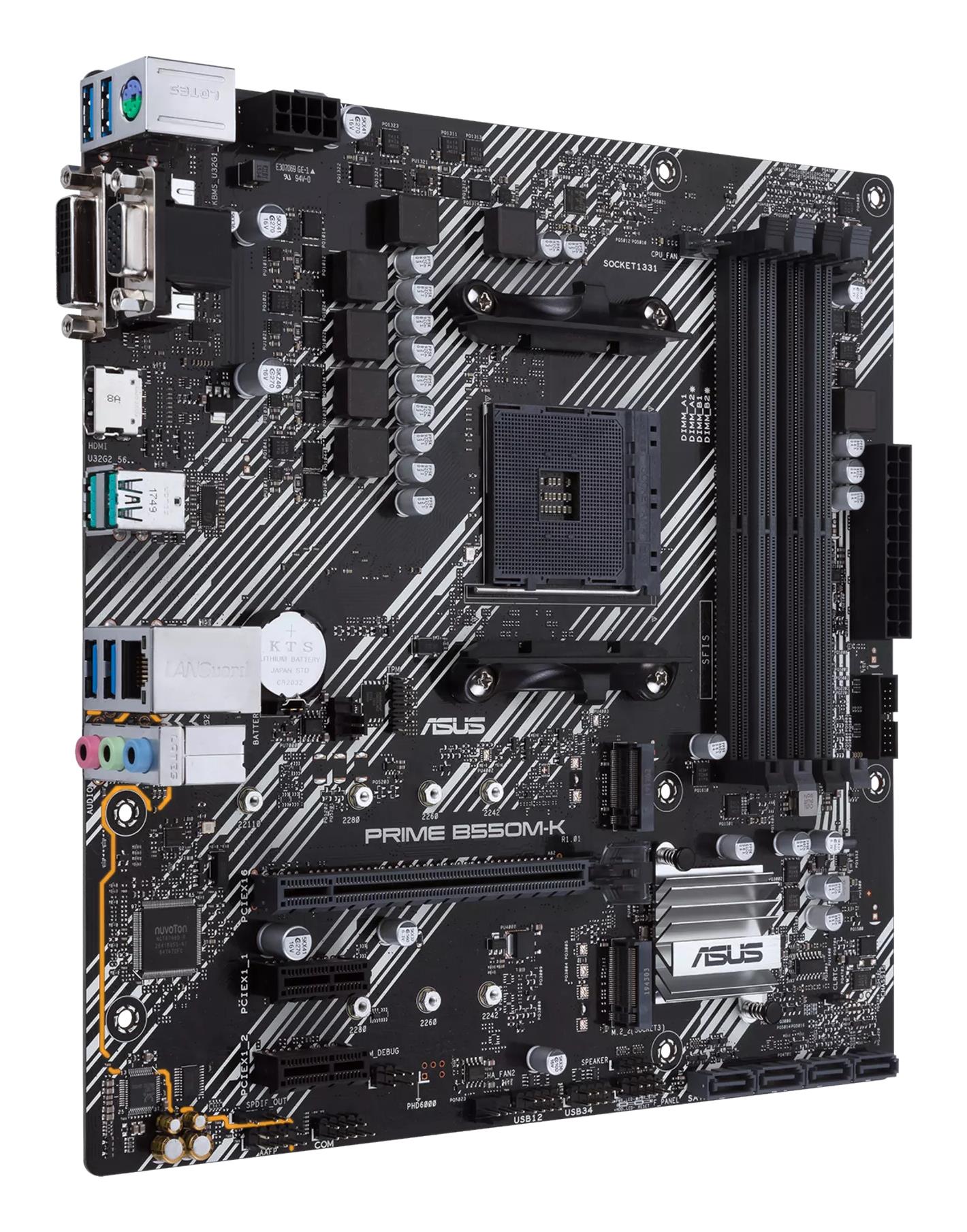 2fed67ea-c619-4ca8-8155-286b27105269 Mainboard ASUS AMD B550 SAM4 MicroATX 2xPCI-Express 3.0 1x 2xM.2 1xPCI-Express 4.0 16x Memory DDR4 Memory slots 4 1x15pin D-sub 1xDVI 1xHDMI 6xUSB 3.2 1xPS/2 1xRJ45 3xAudio port PRIMEB550M-K
