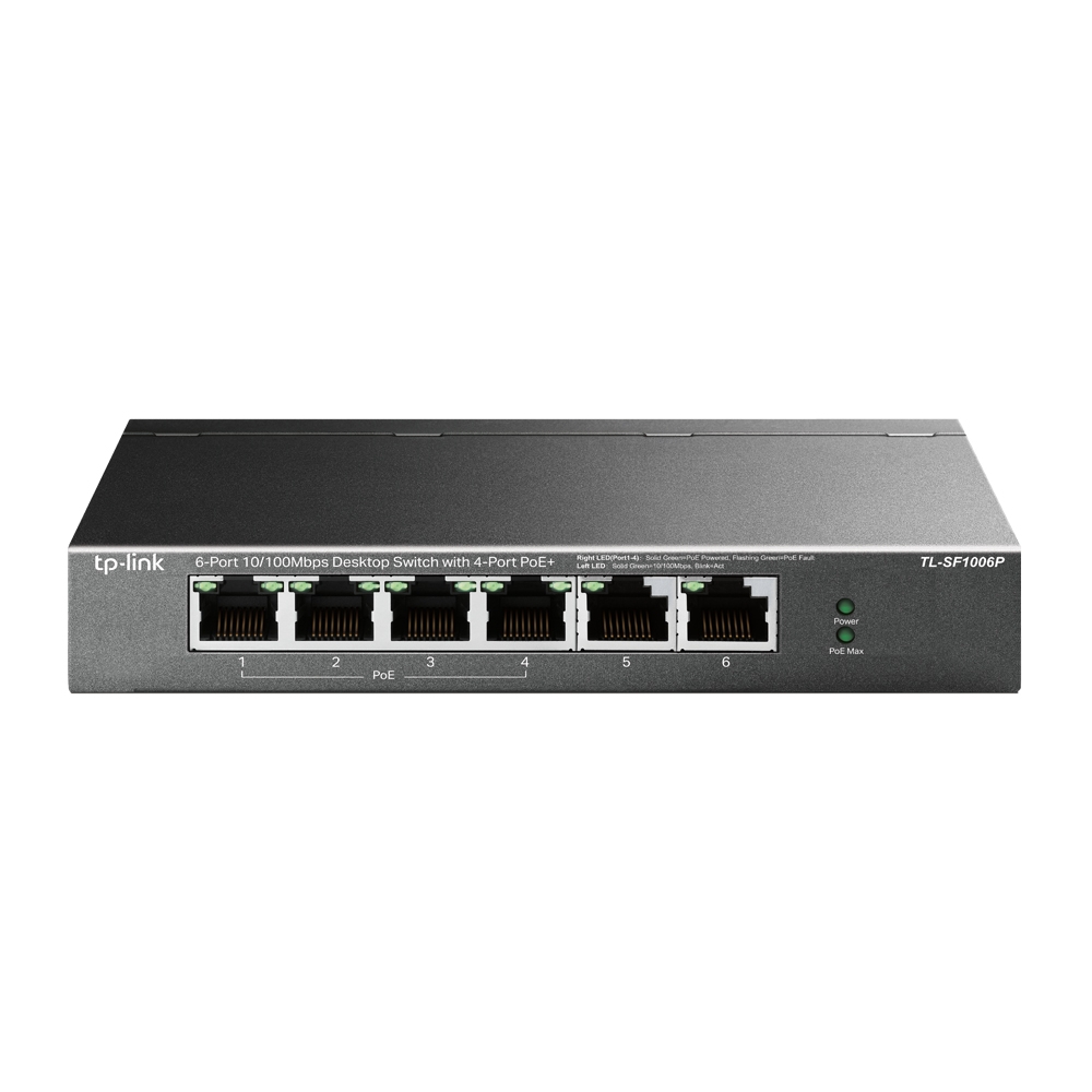 303599-tl-sf1006p-6935364030933-0.webp TP-LINK Switch TL-SF1006P Unmanaged Desktop 10/100 Mbps (RJ-45) ports quantity 6 PoE+ ports quantity 4 Power supply type External