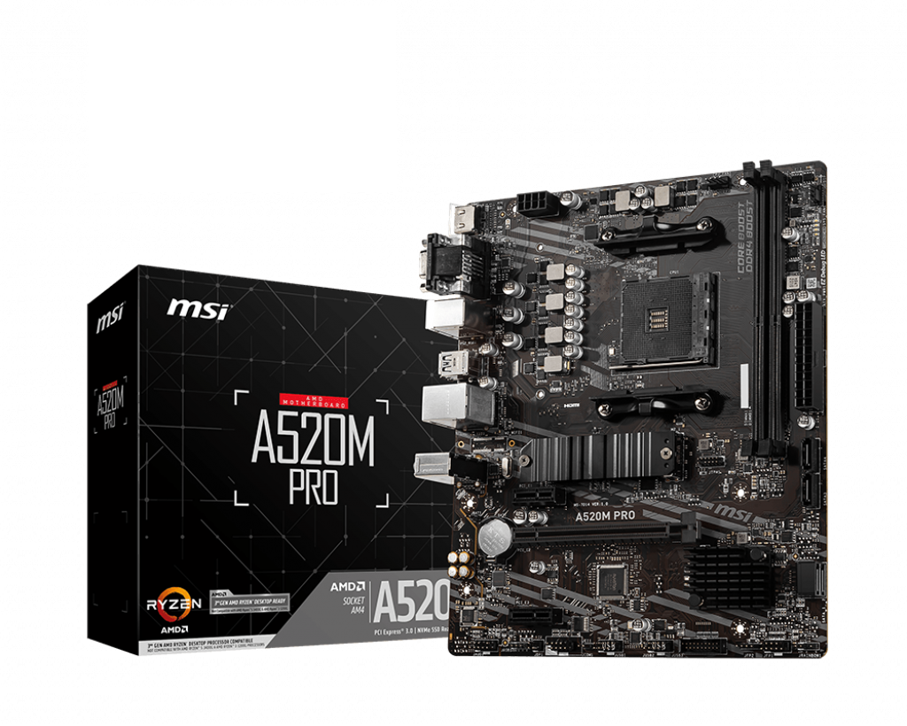 307397-a520m-pro-4719072755492-0.webp MSI A520M PRO Processor family AMD Processor socket AM4 DDR4 Memory slots 2 Chipset AMD A Micro ATX