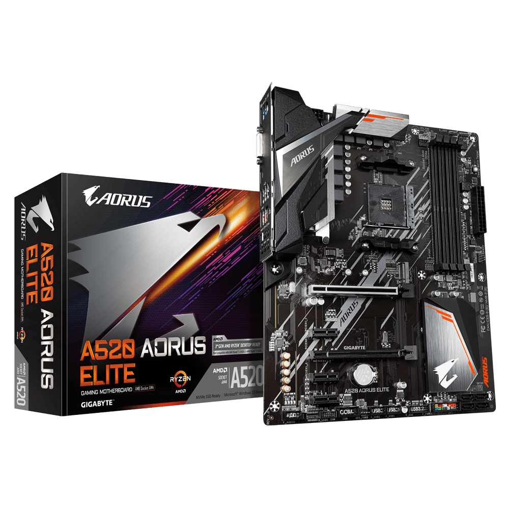 314377-a520-aorus-elite-4719331809812-0.webp Gigabyte A520 AORUS ELITE 1.0 Processor family AMD Processor socket AM4 DDR4 DIMM Memory slots 4 Number of SATA connectors 4 x SATA 6Gb/s connectors Chipset AMD A ATX