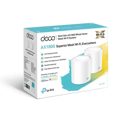 AX1800 Whole Home Mesh Wi-Fi 6 System   Deco X20 (2-pack)   802.11ax   1201+574 Mbit/s   10/100/1000 Mbit/s   Ethernet LAN (RJ-45) ports 2   Mesh Support Yes   MU-MiMO Yes   No mobile broadband   Antenna type 4xInternal per Deco uni