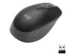 Pelė Logitech M190, matoma iš šono su USB jungtimi