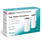 C1200 Whole Home Mesh Wi-Fi System   Deco E4 (2-pack)   802.11ac   867+300 Mbit/s   10/100 Mbit/s   Ethernet LAN (RJ-45) ports 2   Mesh Support Yes   MU-MiMO Yes   No mobile broadband   Antenna type 2xInternal
