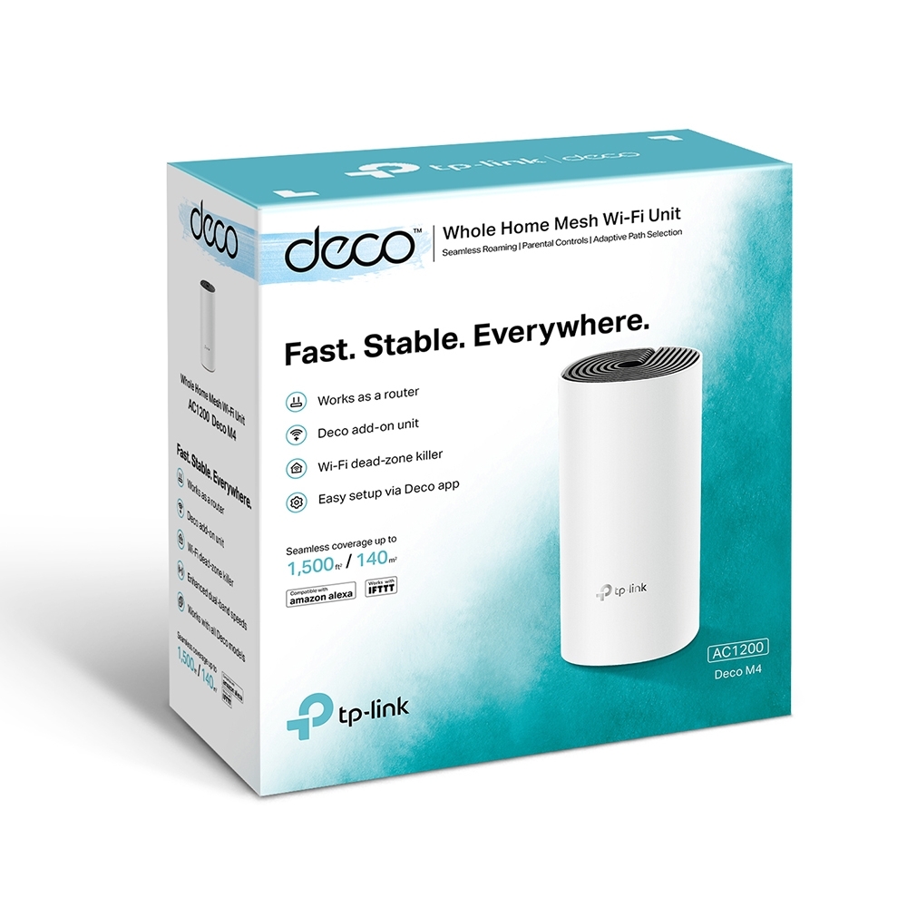 325452-deco-m4-1-pack-6935364084394-0.webp AC1200 Whole Home Mesh WiFi System Deco M4 (1-pack) 802.11ac 867+300 Mbit/s 10/100/1000 Mbit/s Ethernet LAN (RJ-45) ports 2 Mesh Support Yes MU-MiMO Yes No mobile broadband Antenna type 2xInternal