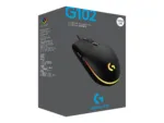 Pelė Logitech G102 LIGHTSYNC, matoma iš šono, rodo jungties USB detalę