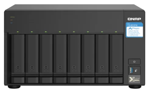 QNAP   8-Bay QTS NAS   TS-832PX-4G   Up to 8 HDD/SSD Hot-Swap   AnnapurnaLabs Alpine   AL324 ARM Cortex-A57 Quad-Core   Processor frequency 1.7 GHz   4 GB   DDR4