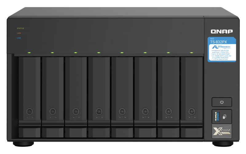 338421-ts-832px-4g-4713213518182-0.webp QNAP 8-Bay QTS NAS TS-832PX-4G Up to 8 HDD/SSD Hot-Swap AnnapurnaLabs Alpine AL324 ARM Cortex-A57 Quad-Core Processor frequency 1.7 GHz 4 GB DDR4