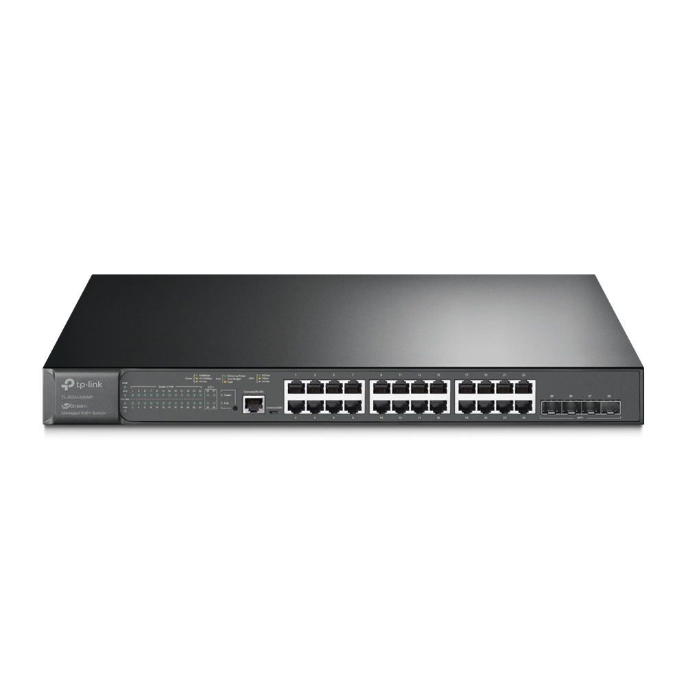 339580-sg3428xmp-6935364030773-0.webp TP-LINK 24-Port Gigabit and 4-Port 10GE SFP+ L2+ Managed Switch with 24-Port PoE+ TL-SG3428XMP JetStream Managed L2+ Rackmountable