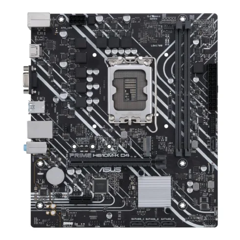 Asus   PRIME H610M-K D4   Processor family Intel   Processor socket  LGA1700   DDR4 DIMM   Memory slots 2   Supported hard disk drive interfaces SATA, M.2   Number of SATA connectors 4   Chipset Intel H610   mATX
