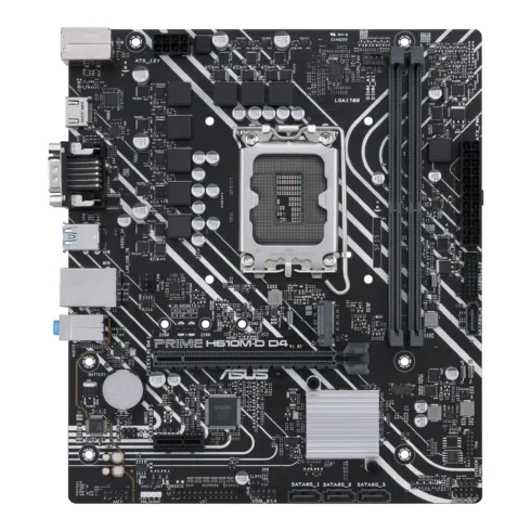 Asus   PRIME H610M-D D4   Processor family Intel   Processor socket  LGA1700   DDR4 DIMM   Memory slots 2   Supported hard disk drive interfaces SATA, M.2   Number of SATA connectors 4   Chipset Intel H610   mATX