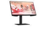 Monitorius LG 27BA75QB-B, matomas iš šono, rodo reguliuojamą aukštį