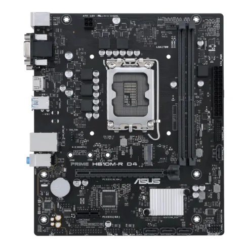 Asus   PRIME H610M-R D4-SI   Processor family Intel   Processor socket LGA1700   DDR4 DIMM   Memory slots 2   Supported hard disk drive interfaces SATA, M.2   Number of SATA connectors 4   Chipset Intel H610   Mic-ATX