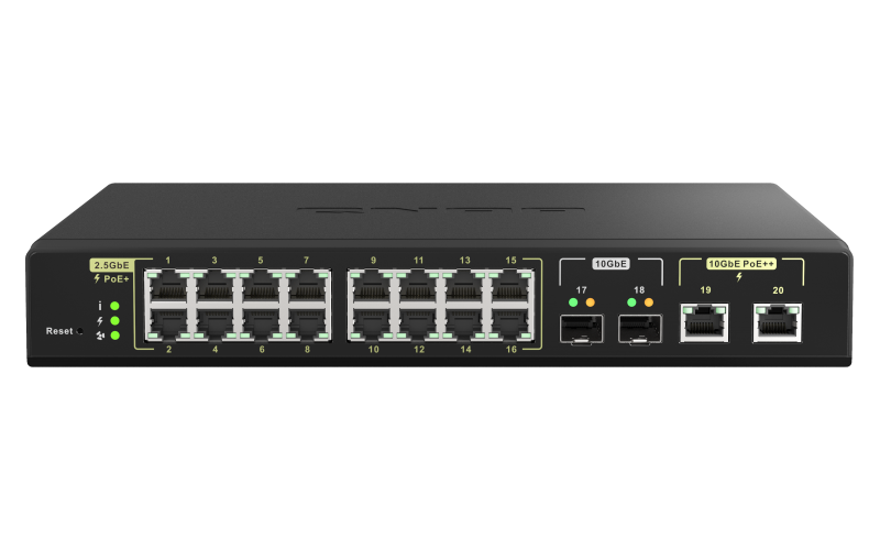 376917-qsw-m2116p-2t2s-4713213518861-0.webp QNAP 16 ports 2.5GbE RJ45 with PoE 802.3at (30W), 2 ports 10GbE SFP+, 2 ports 10GbE RJ45 with PoE 802.3bt (90W) QSW-M2116P-2T2S Web managed Rackmountable Power supply type Internal