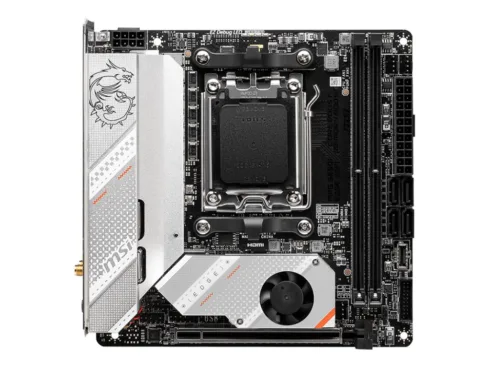 MSI   MPG B650I EDGE WIFI   Processor family AMD   Processor socket AM5   DDR5 DIMM   Memory slots 2   Supported hard disk drive interfaces 	SATA, M.2   Number of SATA connectors 4   Chipset AMD B650   Mini-ITX