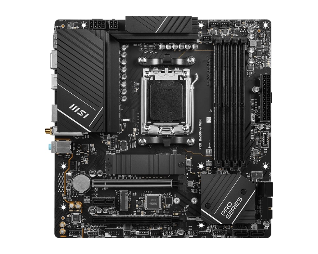 385163-pro-b650m-a-wifi-4711377010160-0.webp MSI PRO B650M-A WIFI Processor family AMD Processor socket AM5 DDR5 DIMM Memory slots 4 Supported hard disk drive interfaces SATA, M.2 Number of SATA connectors 4 Chipset AMD B650 mATX