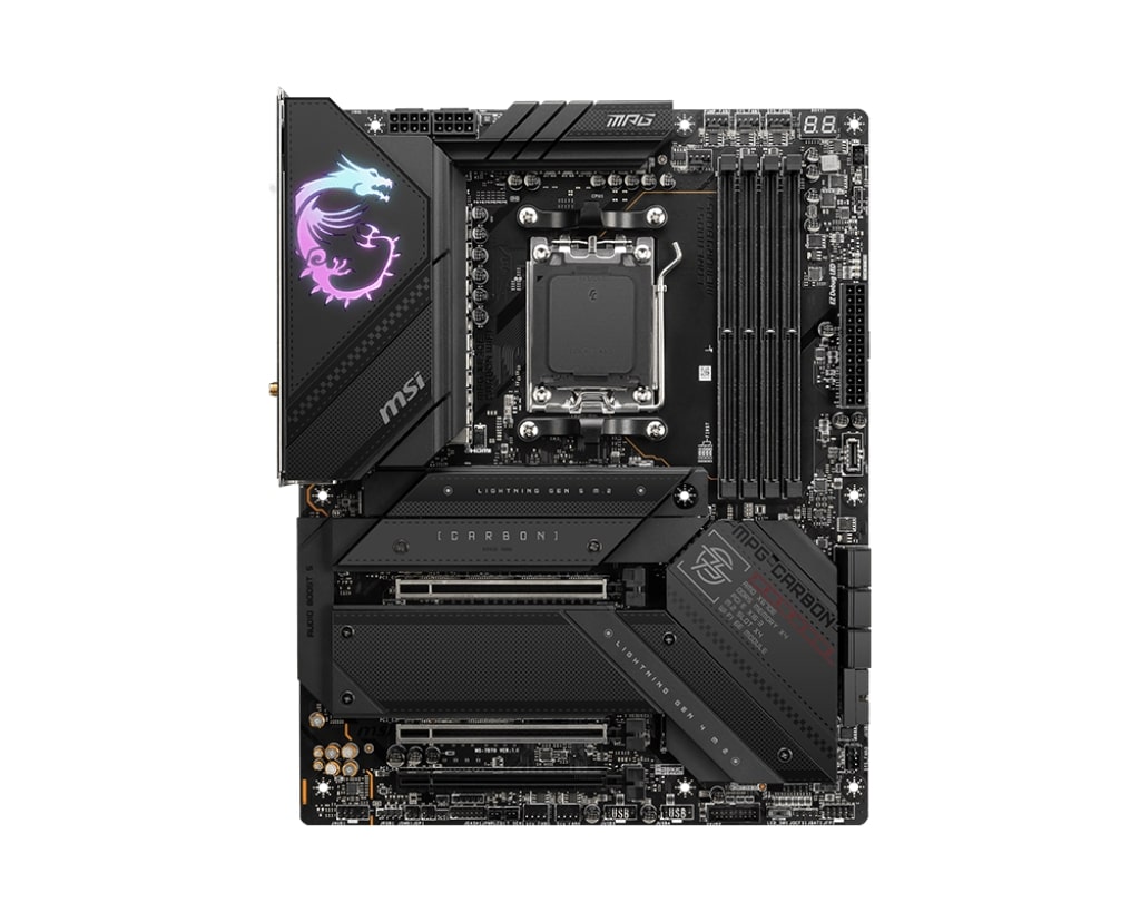 385167-mpg-x670e-carbon-wifi-4711377004879-0.webp MSI MPG X670E CARBON WIFI Processor family AMD Processor socket AM5 DDR5 DIMM Memory slots 4 Supported hard disk drive interfaces SATA, M.2 Number of SATA connectors 6 Chipset AMD X670 ATX