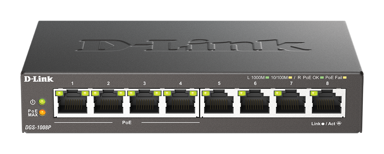 385241-dgs-1008p-e-790069344176-0.webp D-Link 8-Port Gigabit PoE Switch (4xPoE) DGS-1008P Unmanaged Desktop Power supply type External