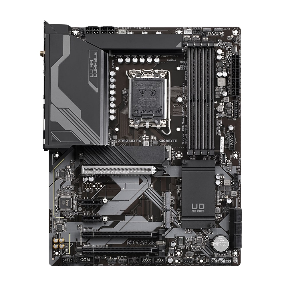 386448-z790-ud-ax-4719331850395-0.webp Gigabyte Z790 UD AX 1.0 M/B Processor family Intel Processor socket LGA1700 DDR5 DIMM Memory slots 4 Supported hard disk drive interfaces SATA, M.2 Number of SATA connectors 6 Chipset Intel Z790 Express ATX