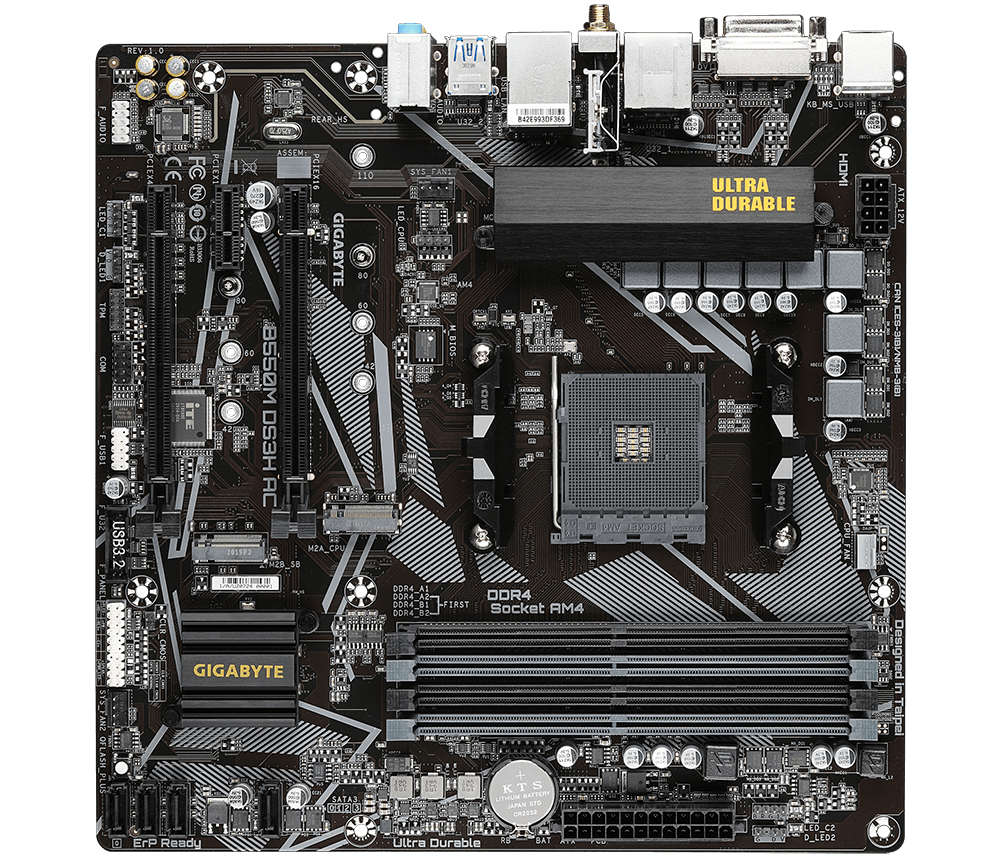 388700-b550m-ds3h-ac-4719331810962-0.webp Gigabyte B550M DS3H AC 1.0/1.1/1.2/1.3/1.5 M/B Processor family AMD Processor socket AM4 DDR4 DIMM Memory slots 4 Supported hard disk drive interfaces SATA, M.2 Number of SATA connectors 4 Chipset AMD B550 Micro ATX