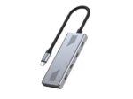 USB-C 4-port hub, šoninis vaizdas, rodo prievadų išdėstymą