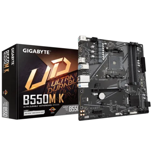 Gigabyte   B550M K 1.0 M/B   Processor family AMD   Processor socket AM4   DDR4 DIMM   Memory slots 4   Supported hard disk drive interfaces 	SATA, M.2   Number of SATA connectors 4   Chipset AMD B550   Micro ATX