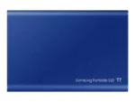 T7 nešiojamas SSD, mėlynas, matomas iš šono su USB 3.2 prievadu