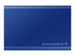 Išorinis SSD T7, mėlynas, matomas iš šono su USB 3.2 jungtimi