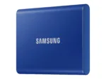 Išorinis SSD T7, mėlynas, rodomas iš šono su USB 3.2 jungtimi