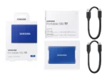 T7 nešiojamas SSD, mėlynas, matomas iš šono su USB 3.2 prievadu