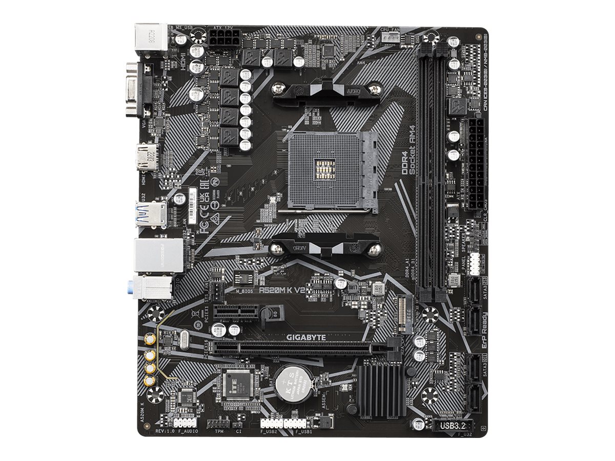 398427-a520m-k-v2-4719331852771-0.webp Gigabyte A520M K V2 1.0 M/B Processor family AMD Processor socket AM4 DDR4 DIMM Memory slots 2 Supported hard disk drive interfaces SATA, M.2 Number of SATA connectors 4 Chipset AMD A520 Micro ATX